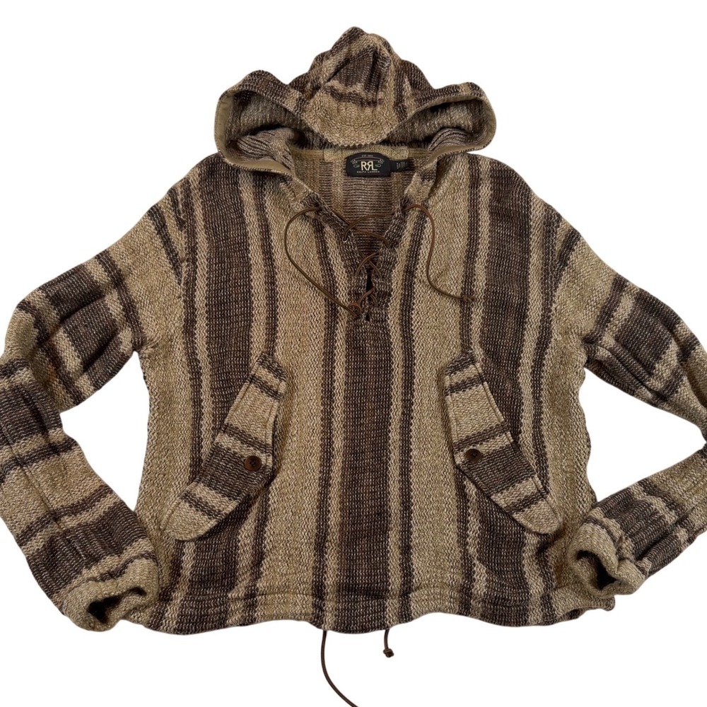 RRL Ralph Lauren Striped Knit Baja Hoodie Brown Linen Cotton Wool Pullover M - Picture 1 of 14